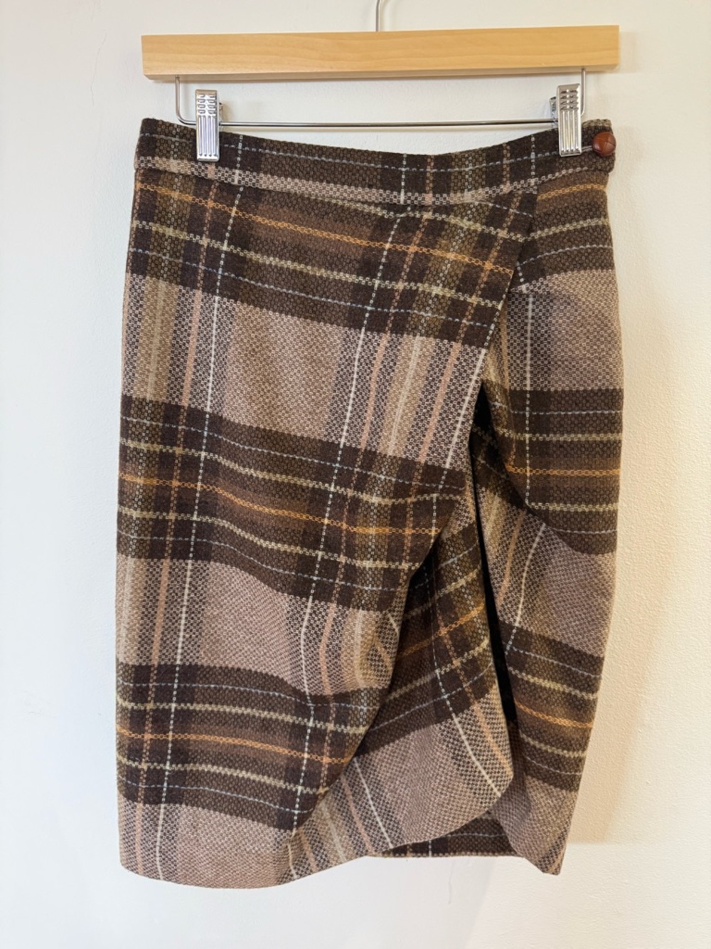 Cartonnier Plaid Faux Wrap Pencil Skirt in Brown and Tan
